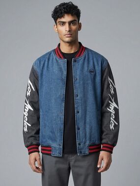 Young & Reckless Blue Denim Bomber Jacket with Black Sleeves and Red Trim